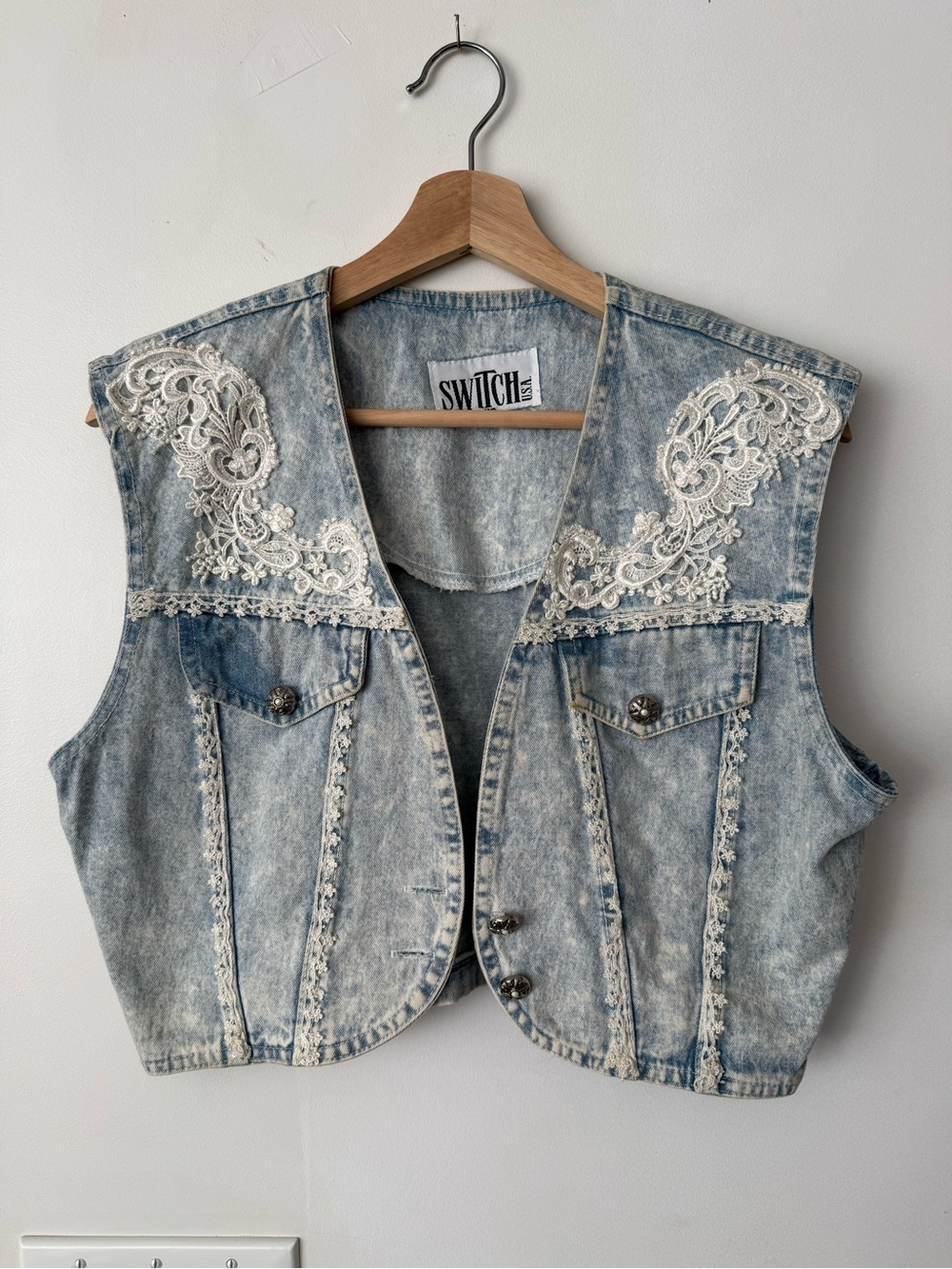 SWITCH Acid Wash Denim Vest with Lace Appliqué - Light Blue